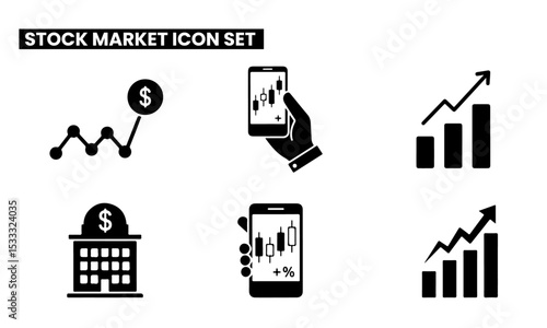 Stock Market Financial Icons set. Monochrome icons for stock market: graphs, mobile trading, financial building, and dollar symbols.