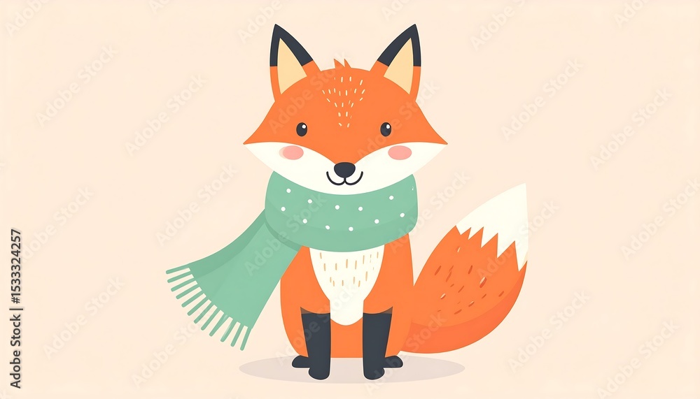 Obraz premium Cheerful Fox Wearing a Pastel Scarf in a Soft Color 2D Illustration with a Minimalist Style