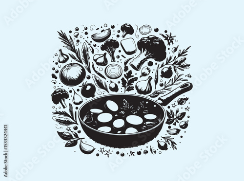 Cooking concept silhouette of a frying pan with ingredients tossed in the air