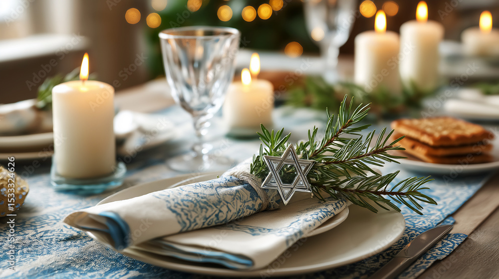 Naklejka premium Elegant table dinner setting for Jewish holidays of Hanukah, Shabbat, Rosh Hashanah, Yom Kippur or Passover