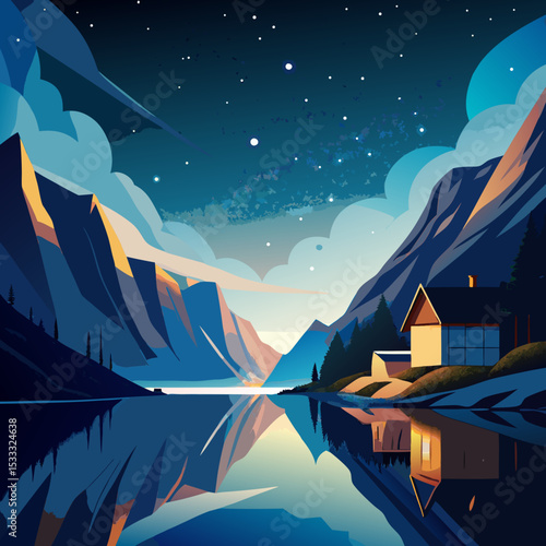 A deep fjord reflecting starlight in Norway

