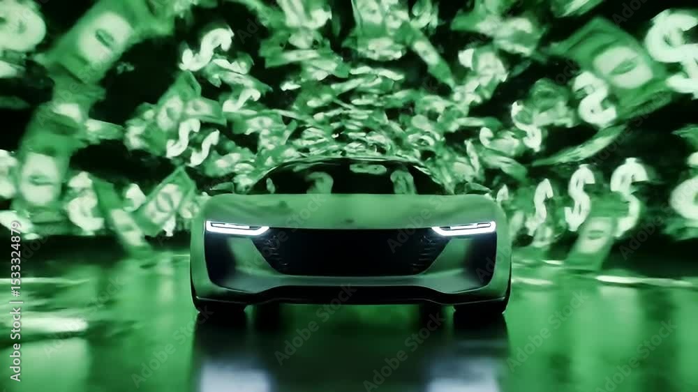 Car surrounded by flying money in neon tunnel Car surrounded by flying money in neon tunnel