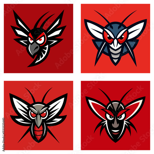 Collection of four stylized insect logos with red backgrounds and aggressive expressions shown