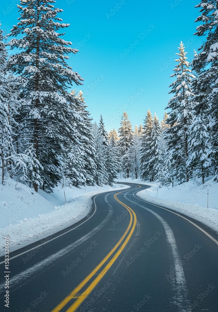 Winter road through snow covered forest trees Winter road through snow covered forest trees