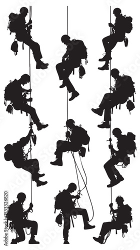 Rappelling Silhouette Vector Pack , black silhouettes isolated on white background