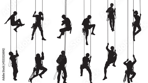 Rappelling Silhouette Vector Pack , black silhouettes isolated on white background