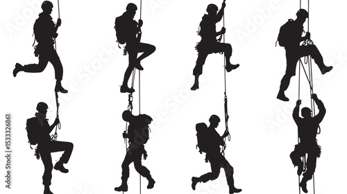 Rappelling Silhouette Vector Pack , black silhouettes isolated on white background