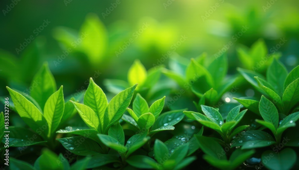 Dense foliage of emerald green leaves with vibrant buds bursting forth in morning dew, nature's awakening, verdant landscape Dense foliage of emerald green leaves with vibrant buds bursting forth in morning dew, nature's awakening, verdant landscape
