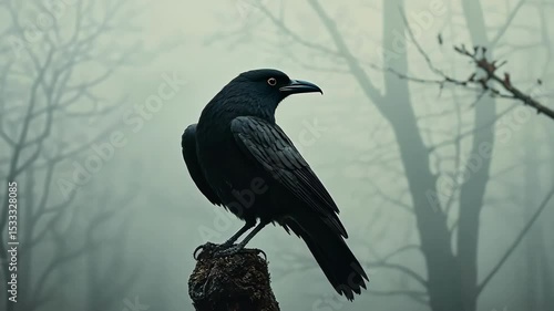 Eerie scene of single black bird, raven perched on tree in foggy, misty forest.