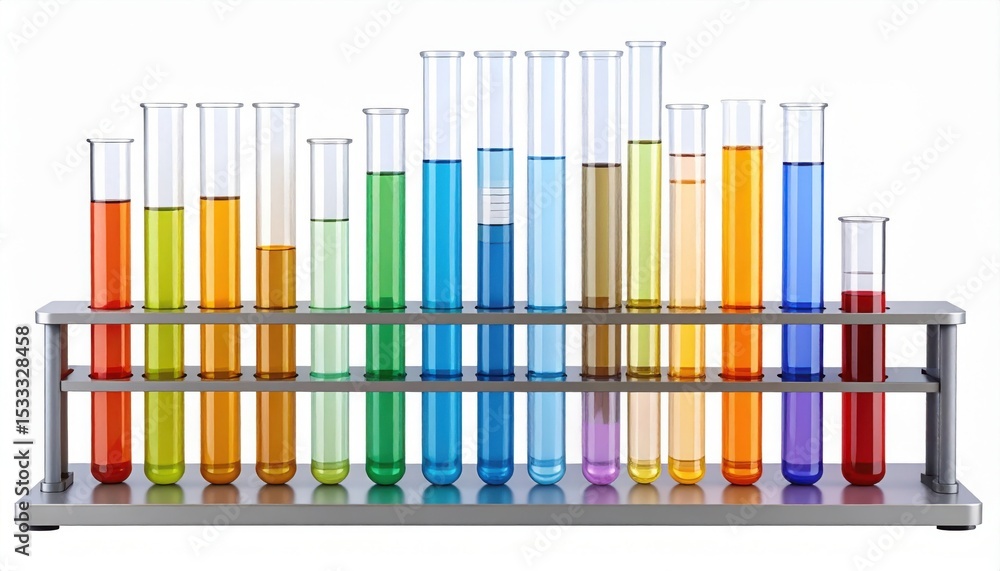 Obraz premium Laboratory test tubes filled with colorful liquids arranged in a row on metal rack for scientific experiments and chemical analysis research
