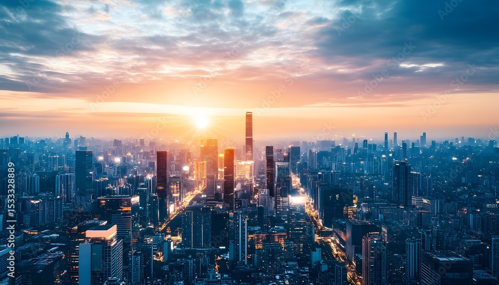 Fototapeta premium Urban skyline at sunrise over a modern metropolis.