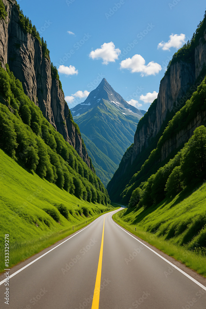 Fototapeta premium Curved road cutting through lush green mountains under clear sky