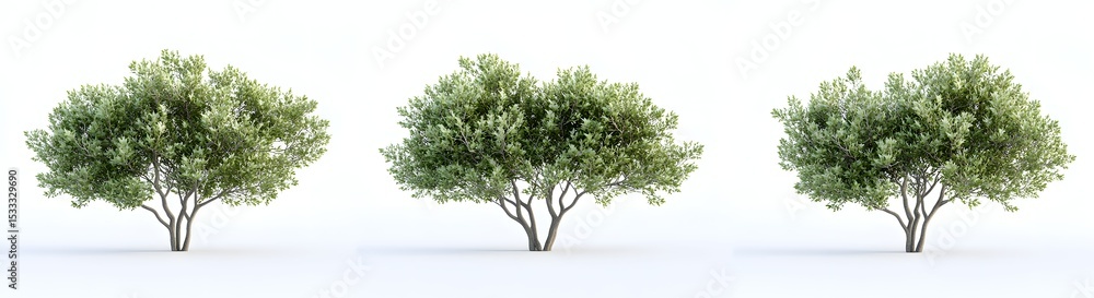 Obraz premium Four unique tree species rendered in a hyper-realistic 3D environment, set cleanly against a pure white background