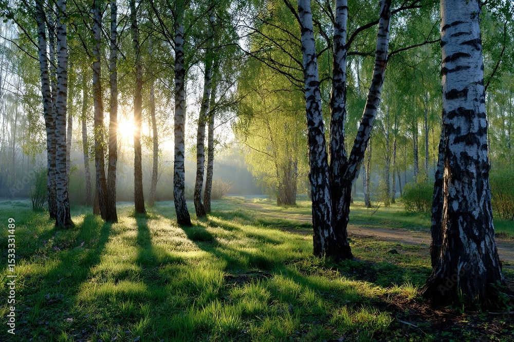 Obraz premium Sunrise or sunset in a spring forest with sunlight shining through tree trunks in shade and young green grass
