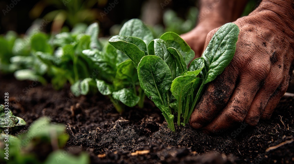 Hands Planting Spinach in Rich Soil Hands Planting Spinach in Rich Soil
