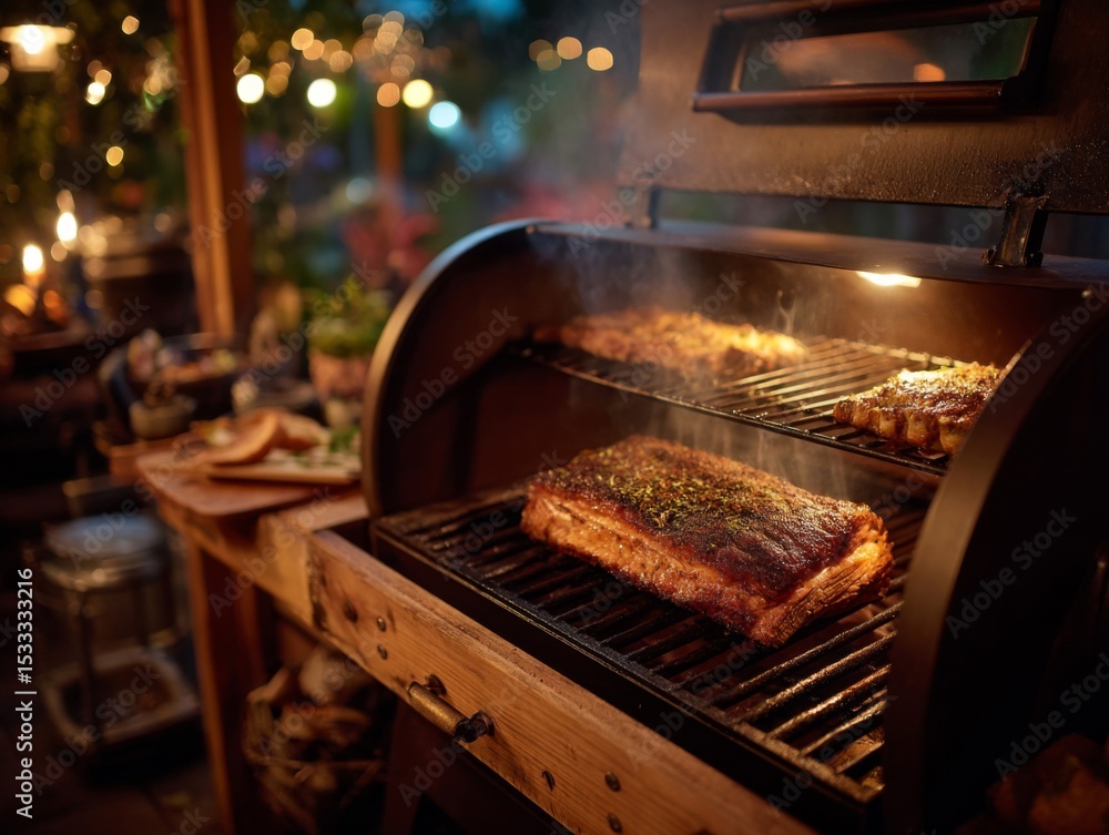 Smoked Meat Grilling on a Rustic BBQ at Night Smoked Meat Grilling on a Rustic BBQ at Night