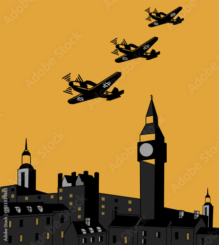 Retro vintage German WW2 airplane flying over the  London city, poster WW2, 