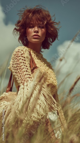 Woman with Curly Red Hair in Crochet Top Posing in Sunny Field