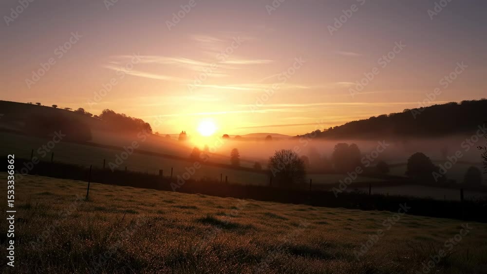 Misty sunrise over countryside field Misty sunrise over countryside field