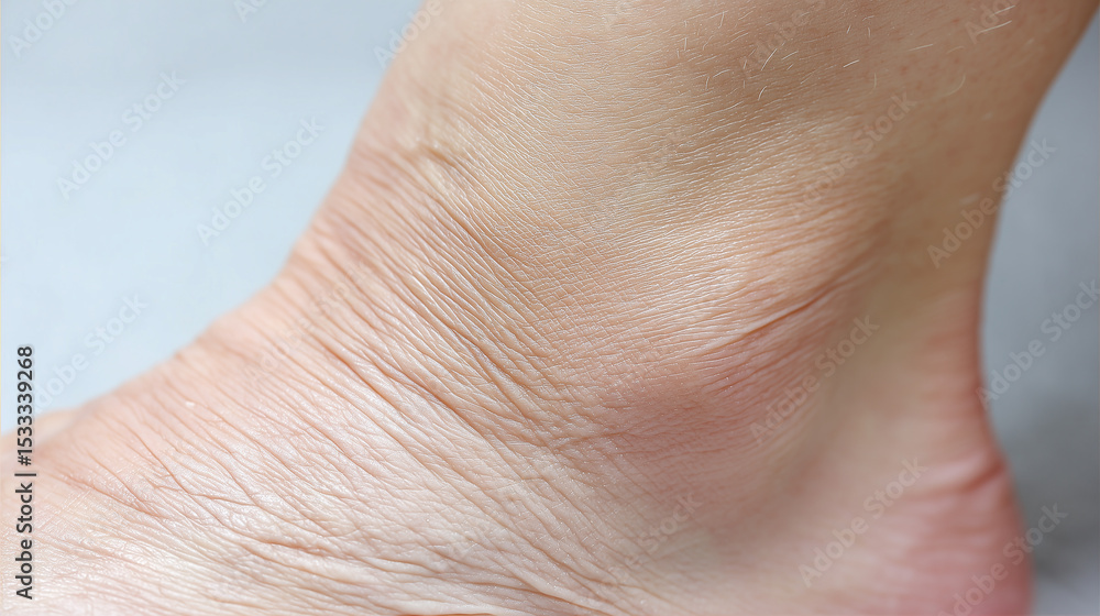 Fototapeta premium Close up of dry skin around ankle showing detailed wrinkles and texture, highlighting natural skin condition with soft lighting and neutral background for skincare focus