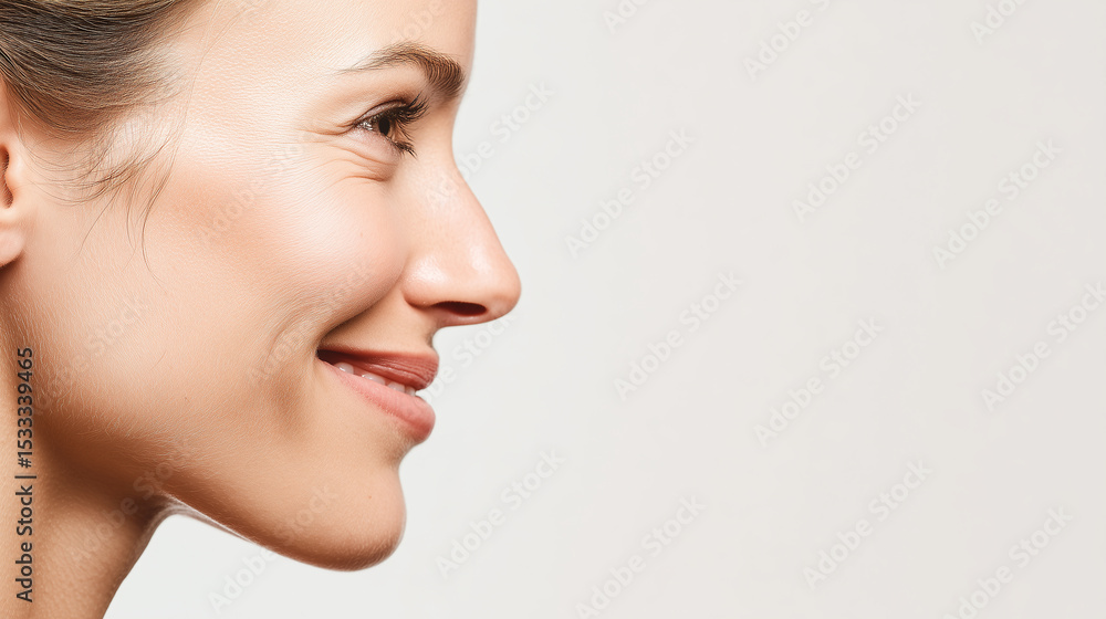 Smiling woman side face close up with smooth skin and natural makeup, showing happiness and confidence against plain light background in soft focus Smiling woman side face close up with smooth skin and natural makeup, showing happiness and confidence against plain light background in soft focus