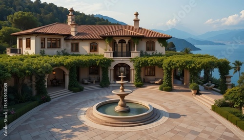 Mediterranean-style luxury villa with pergolas and a Roman fountain in the courtyard