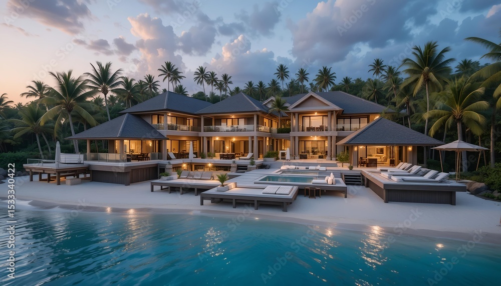 Fototapeta premium Tropical billionaire mansion with overwater bungalows and private beach