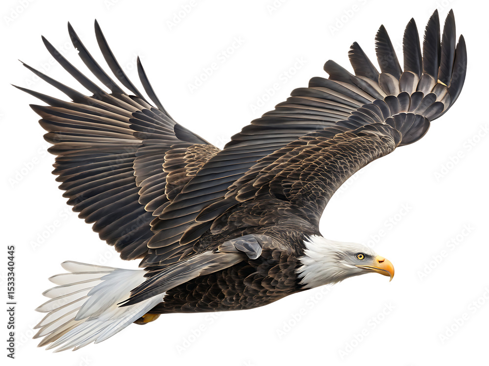 Obraz premium A bald eagle soaring through the air with its wings spread wide against a black background view from side