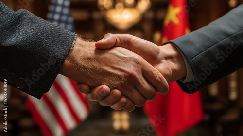 close up hand saking Business negotiation between US and China officials in London, flags in background, intense eye contact, luxury meeting room, tension in diplomacy, global economy symbolism