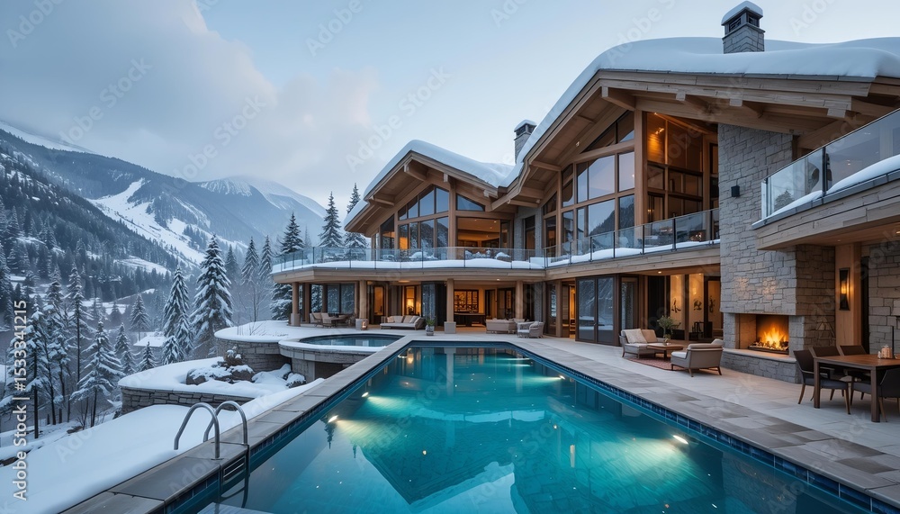Fototapeta premium A snowy mountain-side luxury villa with heated infinity pool