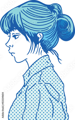 憂鬱な表情の女性の横顔のカラーイラスト