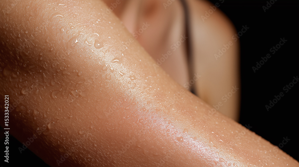 Fototapeta premium Wet skin detail of upper arm with water droplets under soft lighting, showing natural texture and moisture on smooth skin surface in close up view