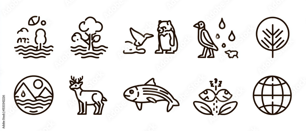 Fototapeta premium Collection of line art icons depicting nature and wildlife on white background