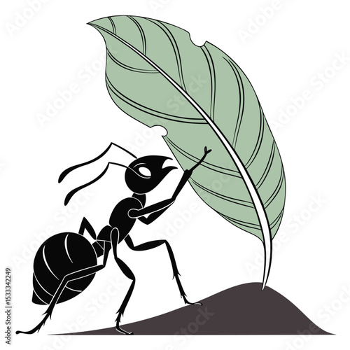 Ant carrying leaf silhouette
