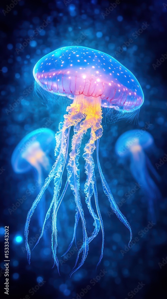 Dancing in the twilight, vibrant jellyfish glide through the depths with ethereal grace and enchanting tentacles Dancing in the twilight, vibrant jellyfish glide through the depths with ethereal grace and enchanting tentacles