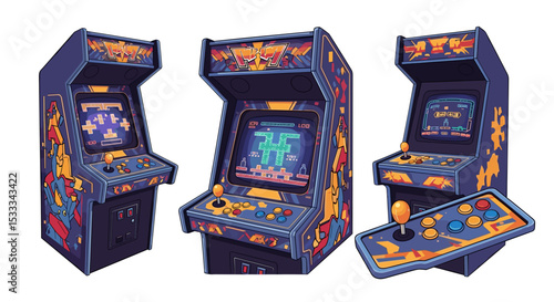 Three vintage arcade game machines with colorful designs and joystick control panels displayed together nicely