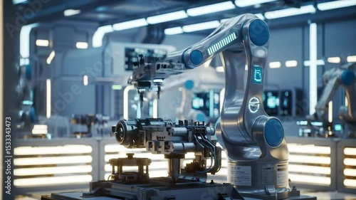 Modern industrial robot arms in a clean manufacturing facility