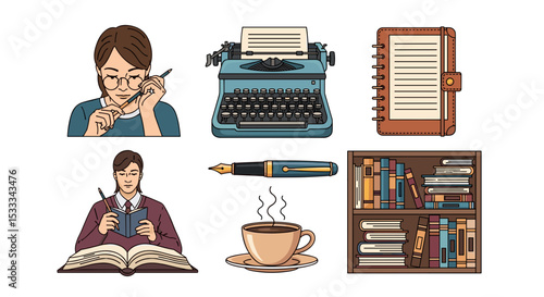 Illustration depicting a woman writing, a typewriter, notebook, pen, coffee, and a bookshelf filled with books