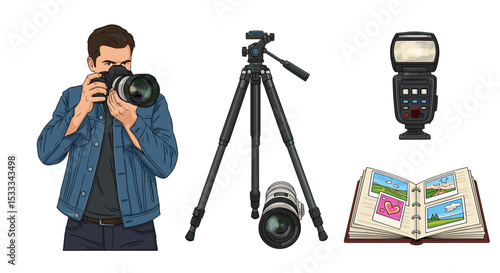 Illustration of a photographer with camera tripod lens flash and photo album in a studio setting view