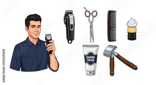 Illustration of a barber holding clippers with shaving and grooming tools arranged on a white background
