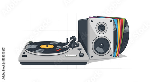 Illustration showing a record player with a vinyl record, a speaker, and a stack of vinyl records