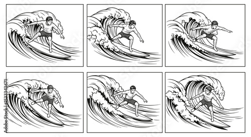 Six panel comic strip showing a surfer riding a large wave in a black and white illustration style image