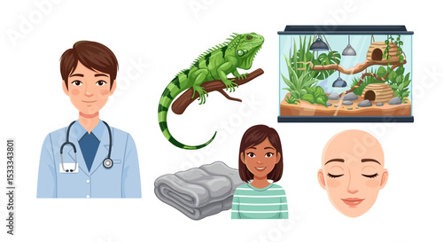 Illustration featuring doctor, iguana on branch, terrarium, towel, and two female characters smiling
