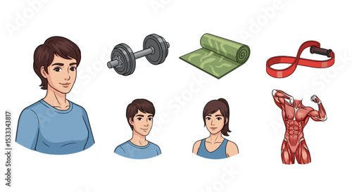 Illustration of people with dumbbell yoga mat resistance band and muscle anatomy on white background