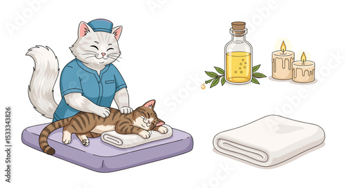 Cartoon illustration of a cat masseuse giving a massage to a tabby cat with oil and candles nearby