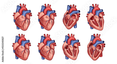 Anatomical illustration showing eight views of a human heart with arteries and veins on a white background