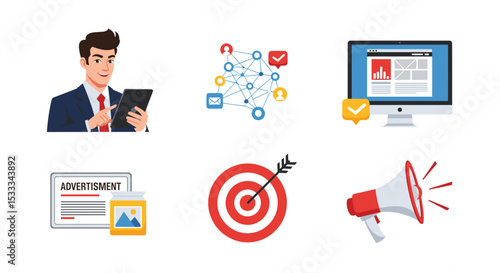 Illustration of a man with a phone, network, computer, advertisement, target, and megaphone icons