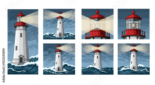 Illustrations of lighthouses with red tops emitting light beams over ocean waves and blue sky backgrounds