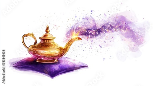 Golden magic lamp emitting shimmering purple and gold smoke on a purple cushion