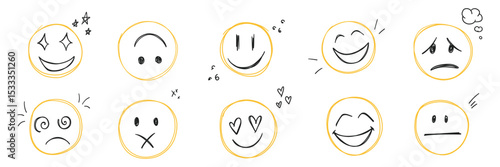Doodle smile emoji face icon set. Kids hand drawn sketch. Emoticons with different emotion. Laugh, neutral, mute, happy, in love, smiling scribble. Freehand drawing comic isolated vector illustration